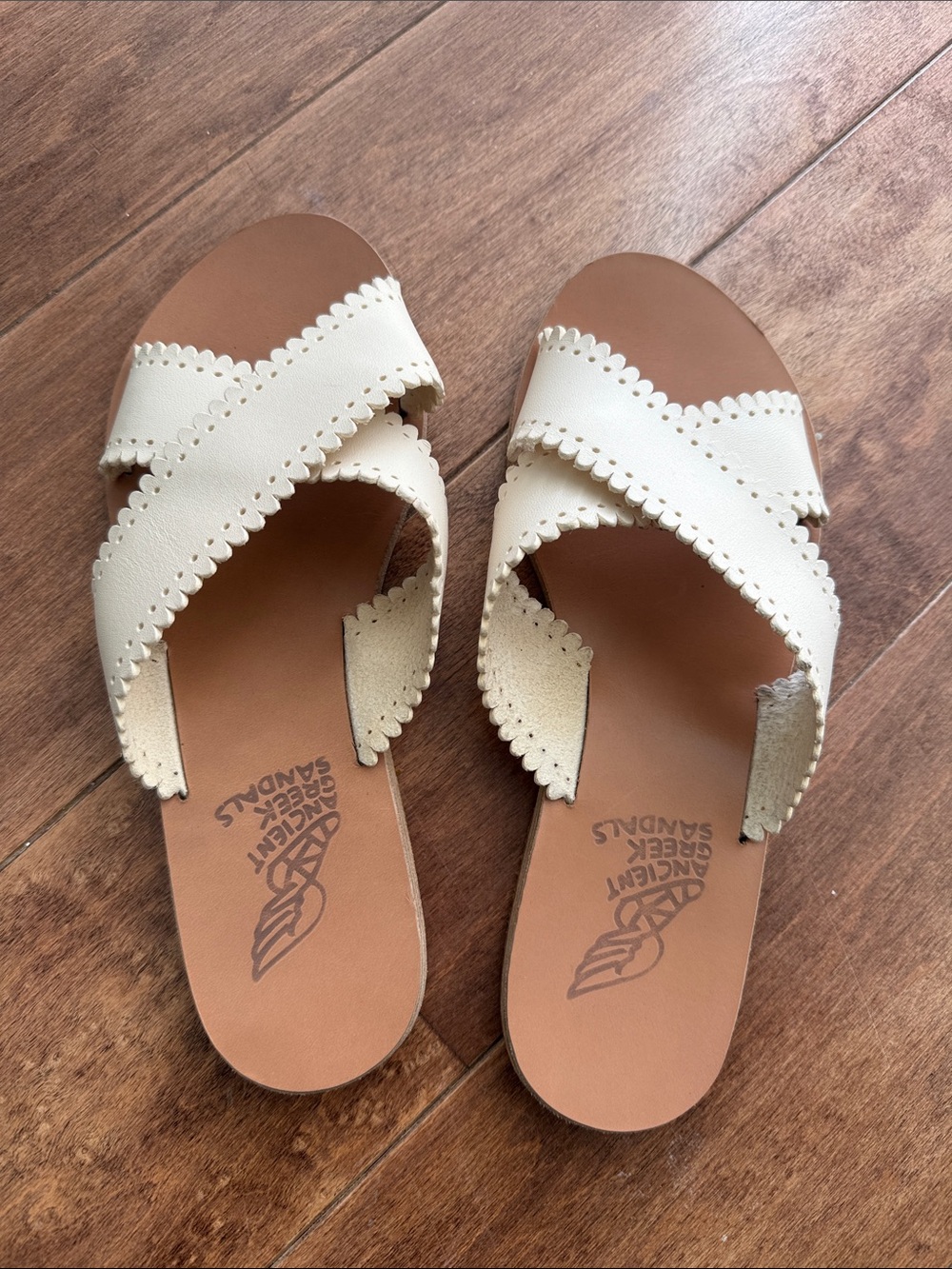 Ancient Greek Sandals Cream Scalloped Cross-Strap Slides